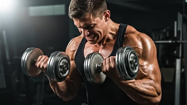 Muscular bodybuilder intensely lifting dumbbells in dramatic studio light