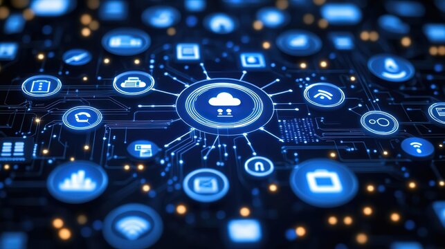 Digital Circuit Board with Connected Tech Icons, Emphasizing Cloud - Centric Networking