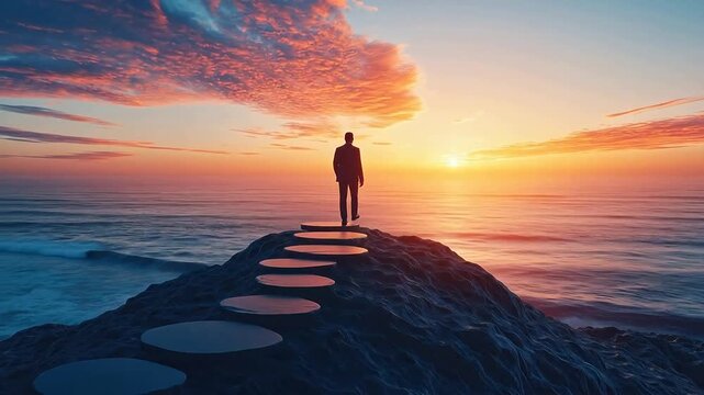 Person standing on steps at sunset
