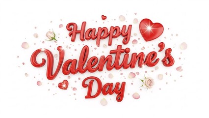 Happy valentines day glossy 3d red text with rose petals and sparkling hearts on a white background