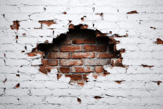 Distressed white brick wall with a large hole exposing raw bricks