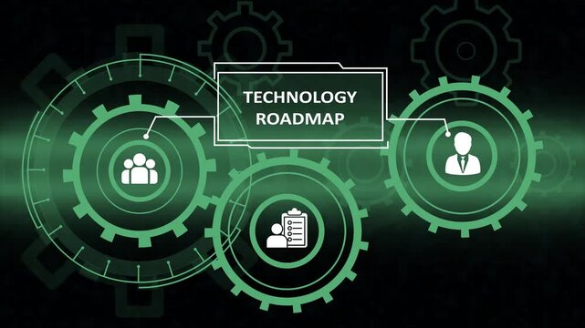 Futuristic technology roadmap concept with glowing green gears, human resource icons, and digital interface elements representing business strategy and digital transformation.