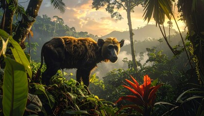 Majestic water buffalo grazing in lush tropical jungle at golden sunrise