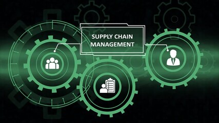 Green digital concept of supply chain management showing interconnected gears with icons of business people, a team, and a checklist on a dark background.