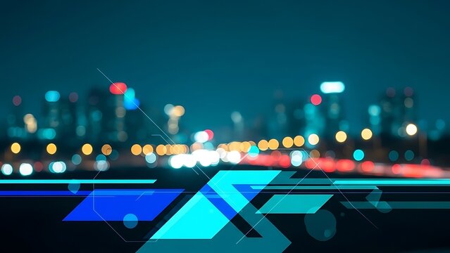 Abstract technological background with blurred city lights at night and dynamic glowing geometric shapes. - Powered by Adobe