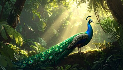 Vibrant peacock displaying iridescent feathers in lush tropical rainforest sunlight