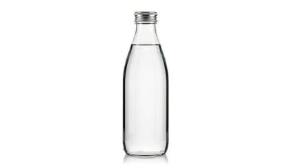 Clear glass bottle filled with pure water, capped with silver, isolated on a clean white background. Refreshing and minimalist product shot.