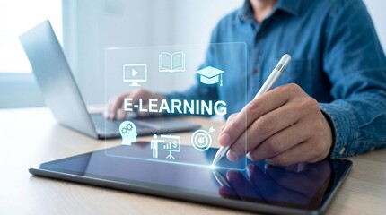 Modern man using a digital tablet and stylus to engage with an E-learning interface, surrounded