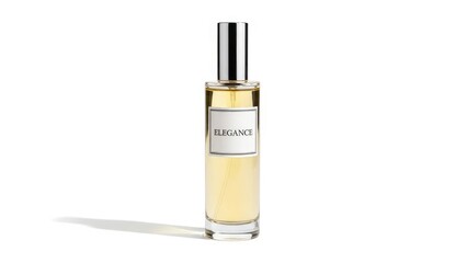Elegant perfume bottle with 'Elegance' label and golden liquid, isolated on a clean white background with subtle shadow. Perfect for beauty and luxu...