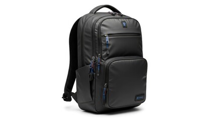Sleek black modern backpack with blue accents, ideal for daily commutes, travel, or tech. Isolated on a clean white background.