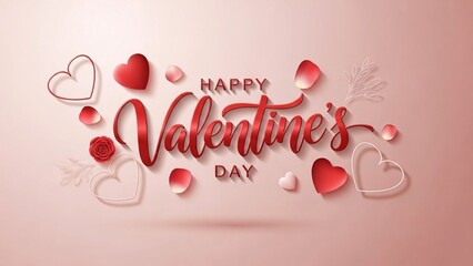 Sophisticated happy valentine's day red script text with floating rose petals and wireframe hearts on blush background