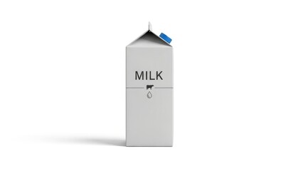A minimalist 3D render of a white milk carton with a blue cap, isolated on a clean white background. Fresh dairy product concept.