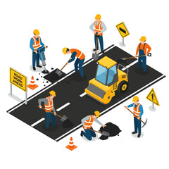 Road Construction Workers Repairing Asphalt Roadway.