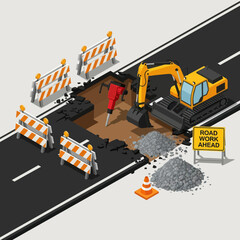 Road Construction Site with Excavator and Worker.