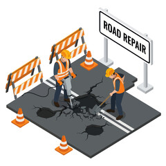 Road Workers Repairing Damaged Asphalt Surface.