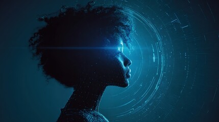An artistic portrait of a woman merges with an abstract digital design, suggesting the connection between technology and the mind. ..Created with Generative AI, not depicting real subjects.
