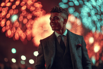 Grand opening celebration with fireworks in night sky behind smiling young man in stylish suit creating joyful and festive atmosphere outdoors