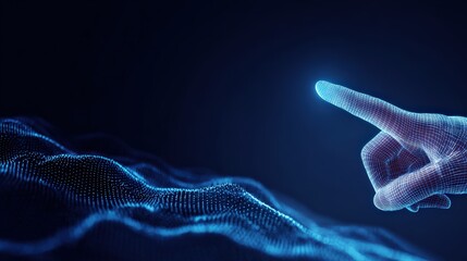 An abstract digital hand points towards a field of interconnected data, highlighting the cutting-edge aspects of technology, innovation. ..Created with Generative AI, not depicting real subjects.