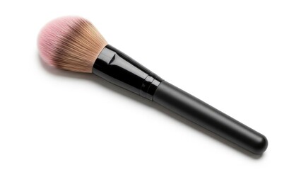 Professional makeup brush with soft pink and brown bristles and a sleek black handle, isolated on a white background. Ideal for beauty and cosmetics.