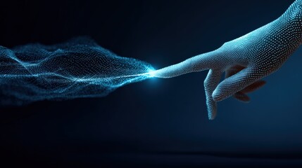 A digital hand points toward a glowing wave of energy, symbolizing connection and the digital world, illuminated against a gradient backdrop. ..Created with Generative AI, not depicting real subjects.