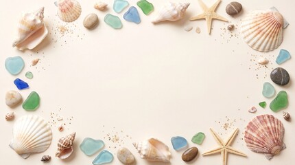 Collection of beach seashells, sea glass fragments, starfishes, and pebbles artfully arranged on
