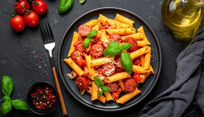 A close-up, overhead view showcases pasta with sausage, tomatoes, and basil on a dark plate, surrounded by ingredients