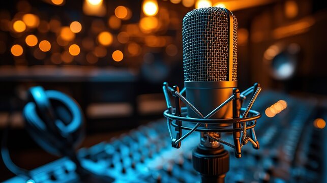 Professional Microphone on Recording Studio Console with Bokeh Background