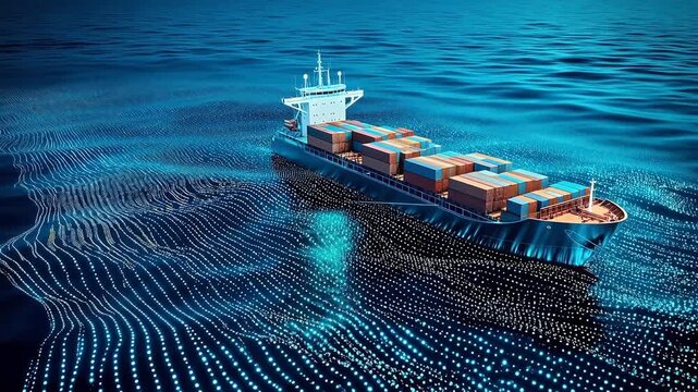 Container ship on digital ocean
