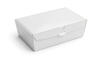 Fototapeta premium Blank white rectangular cardboard box with a simple flap closure, perfect for product mockups and packaging design, isolated on white.