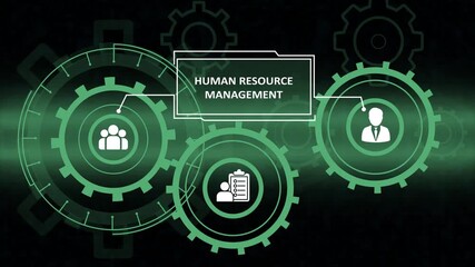 human resource management interface with green gears. digital recruitment and employee management concept on virtual screen. modern technology hud showing human resource process.