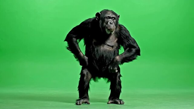 Chimpanzee standing aggressively in front of green screen background