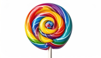 Swirled rainbow candy, isolated on white with a white stick