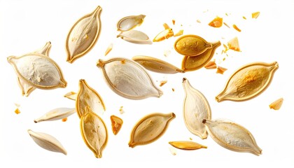 Isolated, roasted pumpkin seeds & fragments floating against a white backdrop