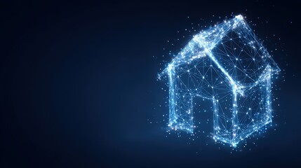 A futuristic house outline glowing brightly, crafted from a constellation of digital light. ..Created with Generative AI, not depicting real subjects.