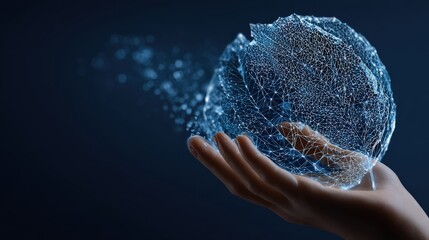 A hand delicately cradles a luminous, fractured sphere, representing themes of fragility, innovation, and interconnectedness against a rich. ..Created with Generative AI, not depicting real subjects.