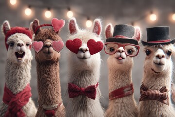 Group of llamas celebrating valentine's day with costumes