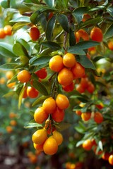 Ripe kumquats growing on a tree branch, vertical