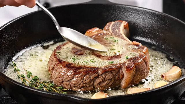 Bone in ribeye steak basting with butter in skillet photography