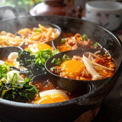 Steaming hot pot with various components, vibrant and inviting