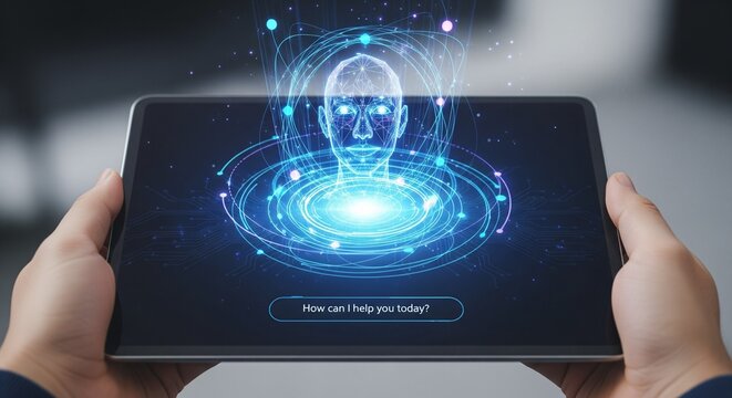 Hands holding tablet with futuristic AI brain interface and digital assistance prompt - Powered by Adobe
