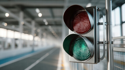 Traffic light with red and green signals in modern indoor setting, metallic structure, industrial background, safety concept