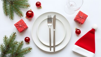 A festive holiday table setting with a plate, silverware, gifts, and Christmas decorations