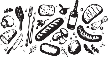 Hand drawn vintage sketch set of food and cat icons featuring bread sausage coffee and wine symbols in a vector cartoon illustration design for restaurant art