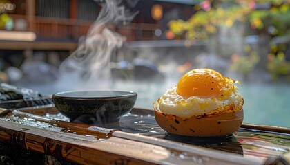 Steaming hot breakfast in outdoor setting with a serene pool and greenery