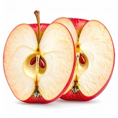 Two halves of a ripe red apple, showing seeds and core