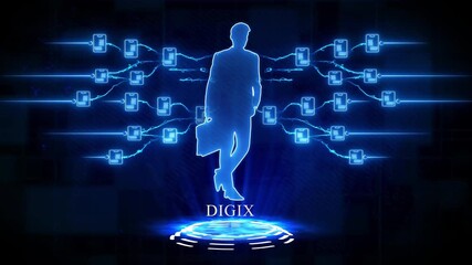 Businessman silhouette integrated with a digital system, represented by glowing blue network connections - Powered by Adobe