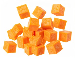 Close-up of evenly diced orange food items against a stark white backdrop