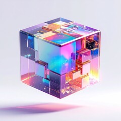 A translucent, multi-colored cube with inner blocks, light effects