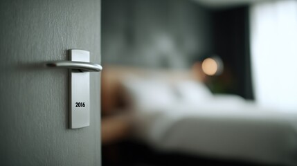 Modern hotel room door with 2016 room number keycard attachment
