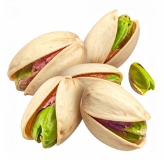 Close-up of five open pistachio nuts, one separate, on white background
